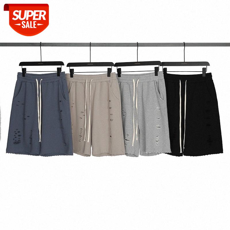 

Kanye hip-hop washed cut ripped hole shorts men's solid color loose casual frayed drawstring five-point pants #jk61, Black