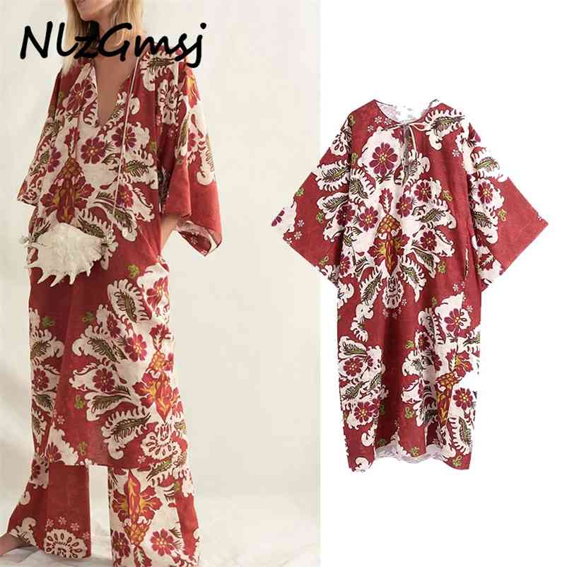 

Women Summer Dress Oversized Beach Long es Vintage Print Red Midi Tunic 04 210628, As picture