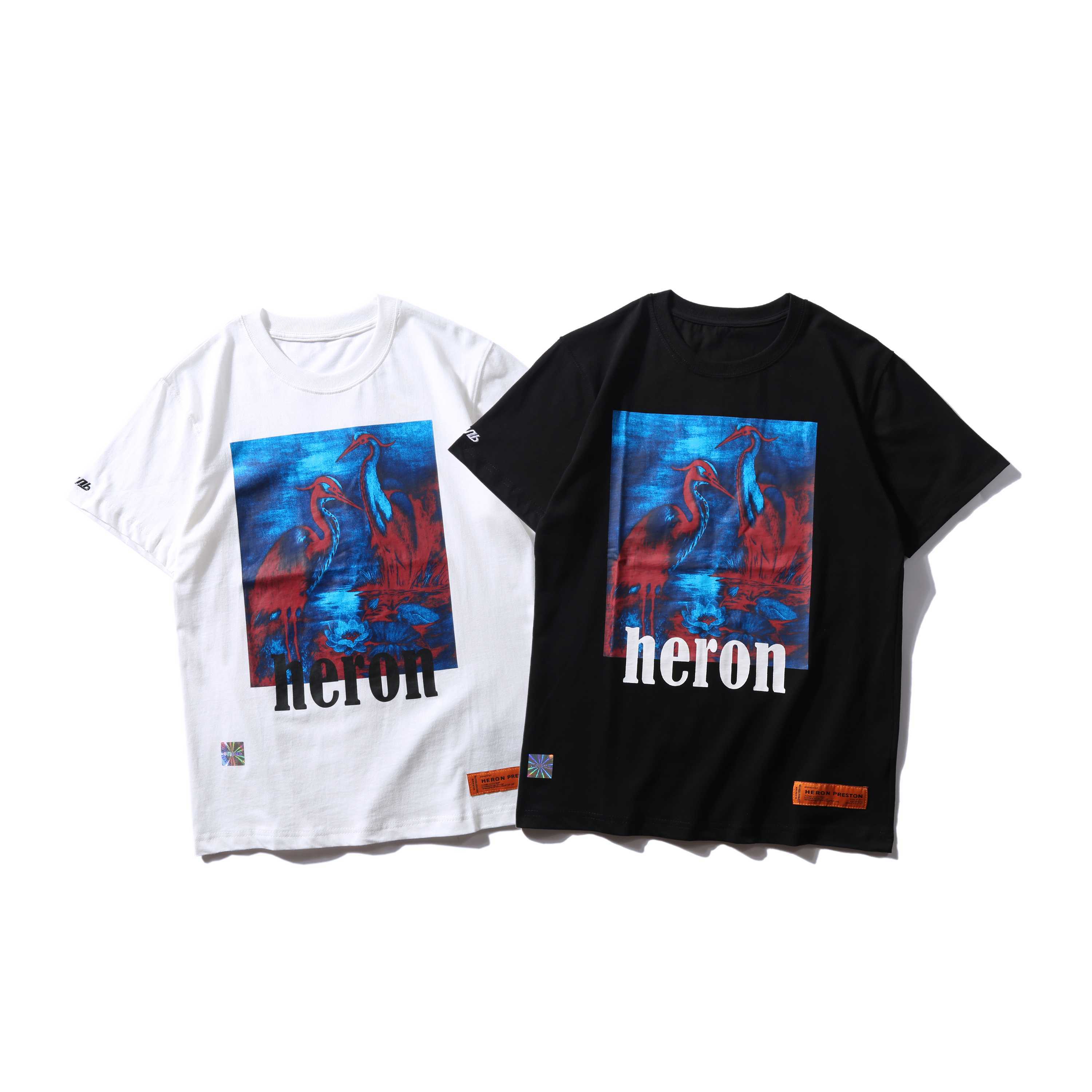 

Heron 19ss birds  / s T-shirt crane letter print short sleeve T-shirt for men and women, White;black