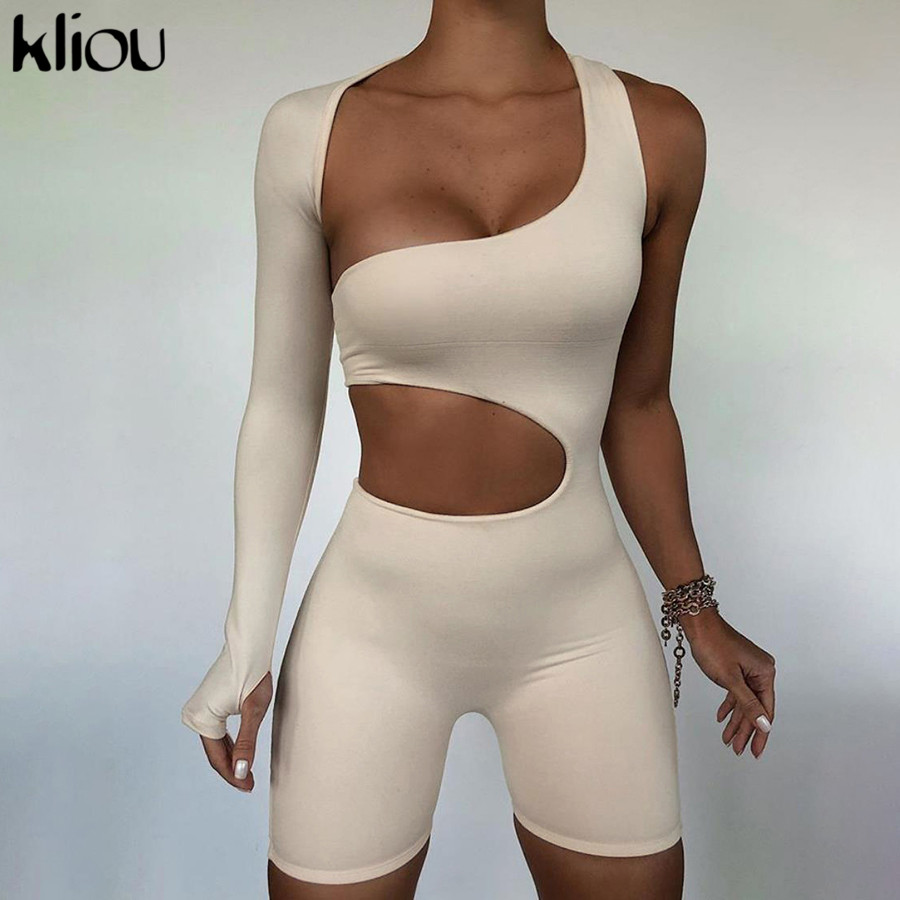 

Kliou Asymmetrical Solid Women Rompers 2021 Basic Long Sleeve Casual Sportswear Streetwear Female Elastic High Waist Jumpsuits, Black