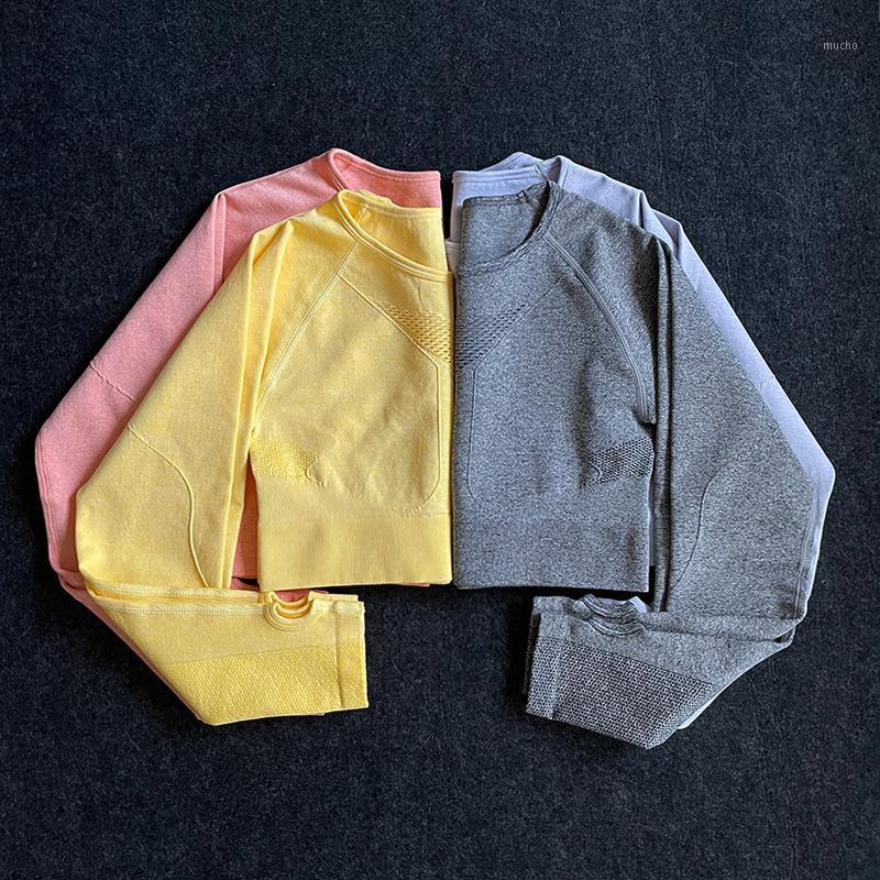 

Women Seamless Long Sleeve Crop Top Yoga Shirts With Thumb Hole Running Fitness Workout Gym Sports Hollow Out Sportswear Outfit, Blue