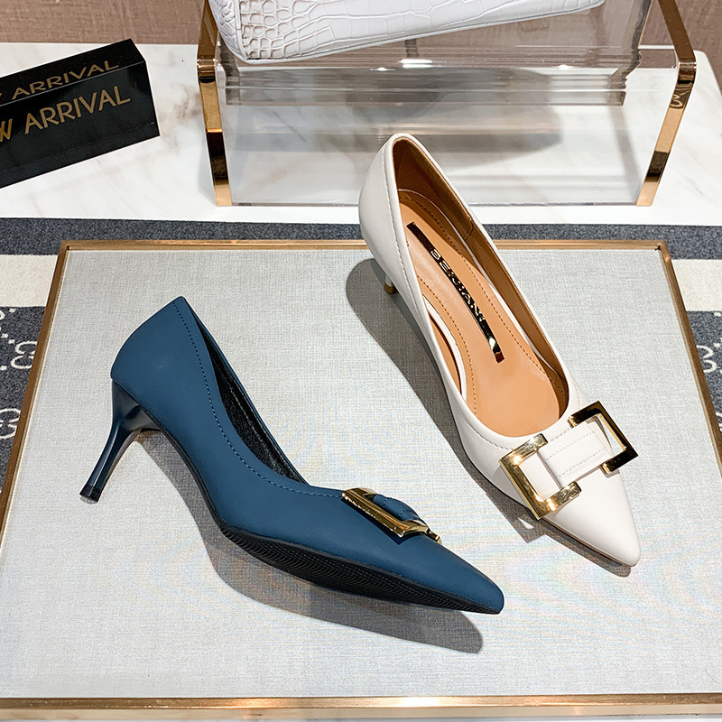 

Sandals 3068-58 Korean French high heels women's pointed shallow mouth thin heel single shoes square buckle 7cm professional work XW74, 1# shoe box