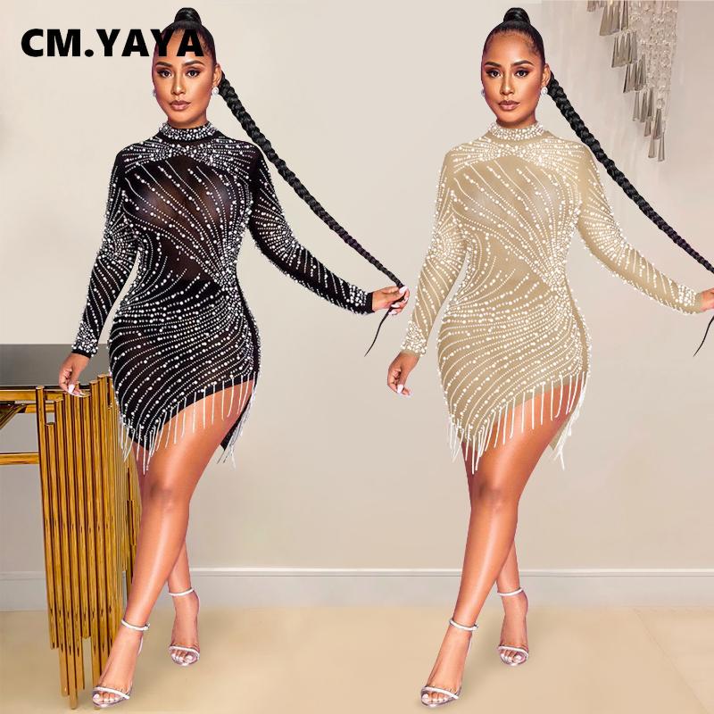

Summer See-through Mesh Diamonds Dress Women Sexy Slim Elastic Mini Tassel Lady Club Party Night Outfit, Black