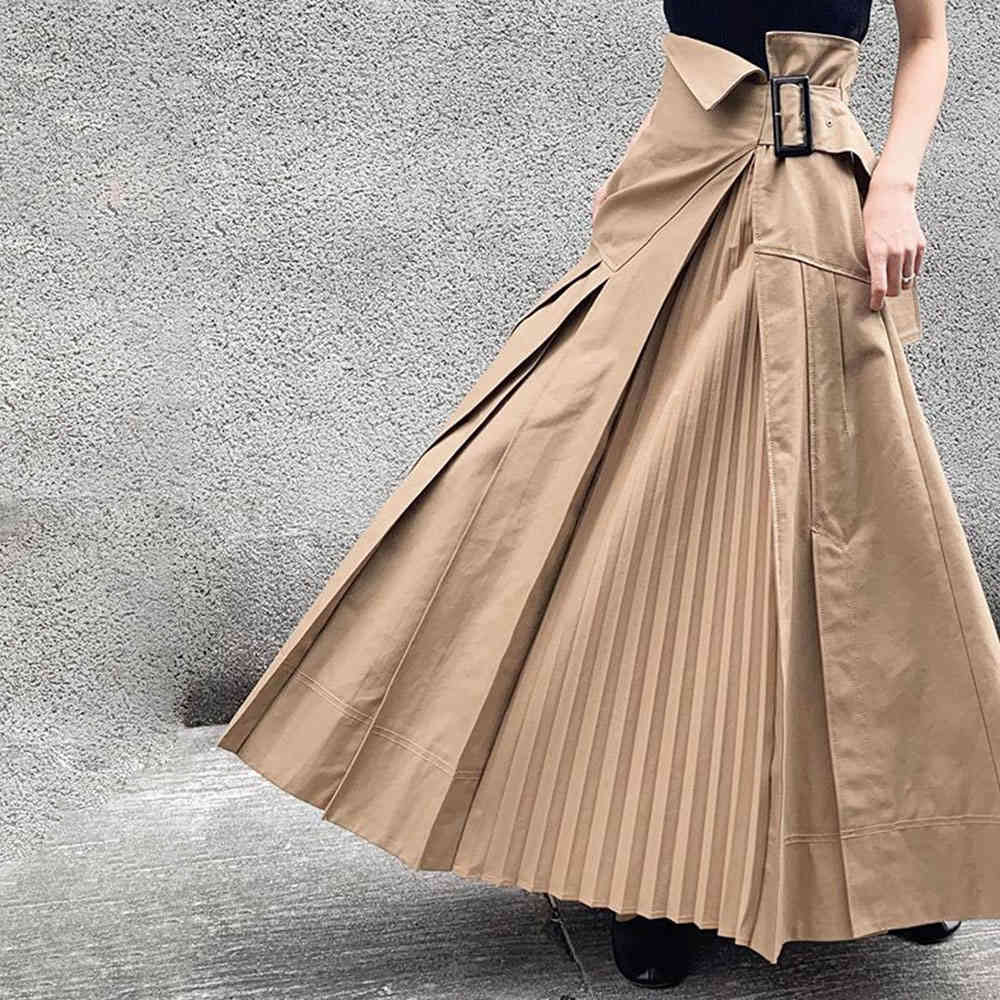 

Asymmetrical High Waist Pleated Skirt Women Korean Fashion Style Khaki Harajuku Ladies Streetwear Maxi Tunic Long Skirts Summer 210324