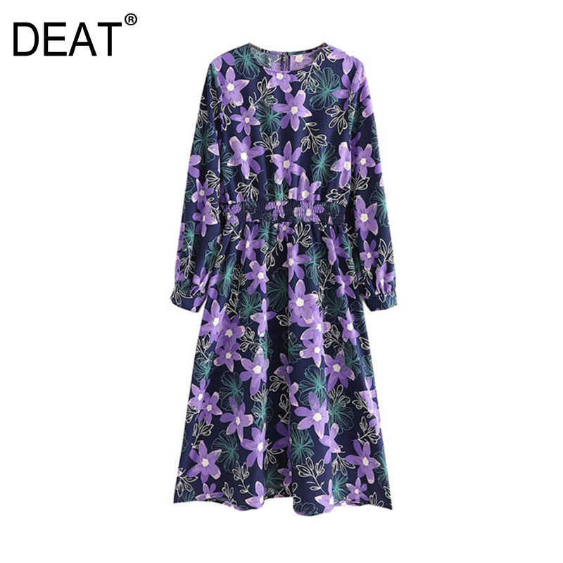 

[DEAT] Temperament Elegant Summer Round Neck High Waist Knee-length Long Sleeve Printing Dress Fashion 13D036 210527, Purple