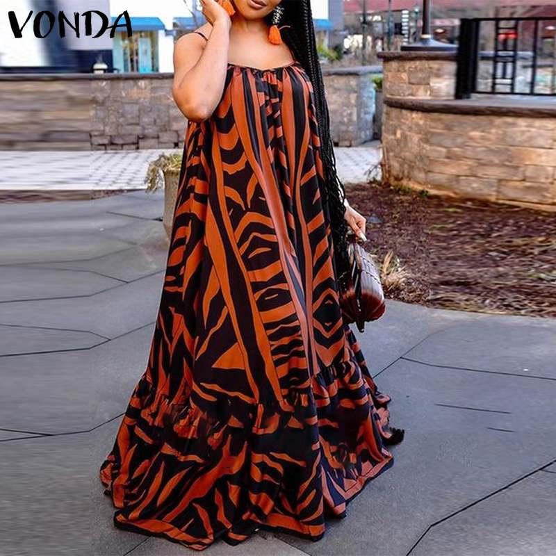 

Casual Dresses Summer Long Maxi Dress 2021 VONDA Vintage Ruffled Print Party Women Elegant Sundress Femme Robe Plus Size -5XL, Orange