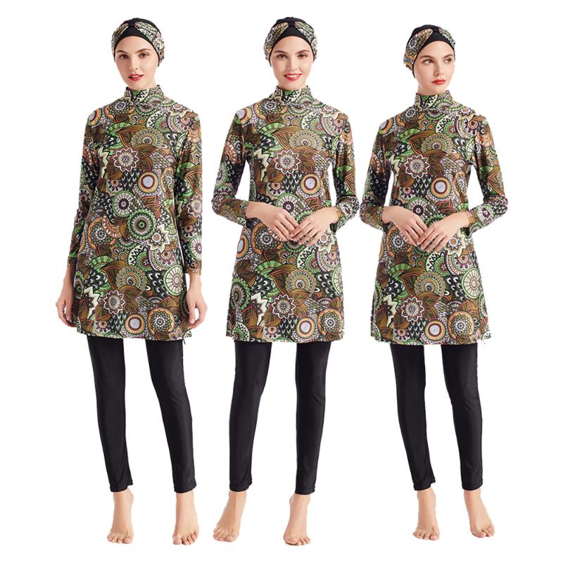 

Swim Wear 2021 Printed Swimsuit Three-Piece Set Conservative Swimwear Muslim Middle East Europe Shrimp Skin Burkini Women Beachwear XL