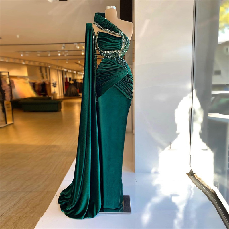 

Elegant Green Mermaid Evening Dresses Velvet One Shoulder Halter Beads Party Pageant Gowns Women Prom Dress Ruffles Floor Length Graceful Robe De Soriee, Brown