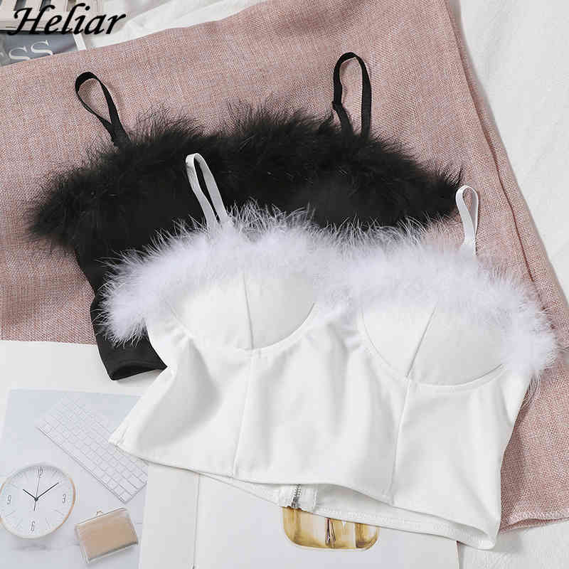 

Plush Short Camis Women White Crop Tops Zipper Shoulder strap Sexy Sweet Bra Ladies Rock Casual Camisole 210518