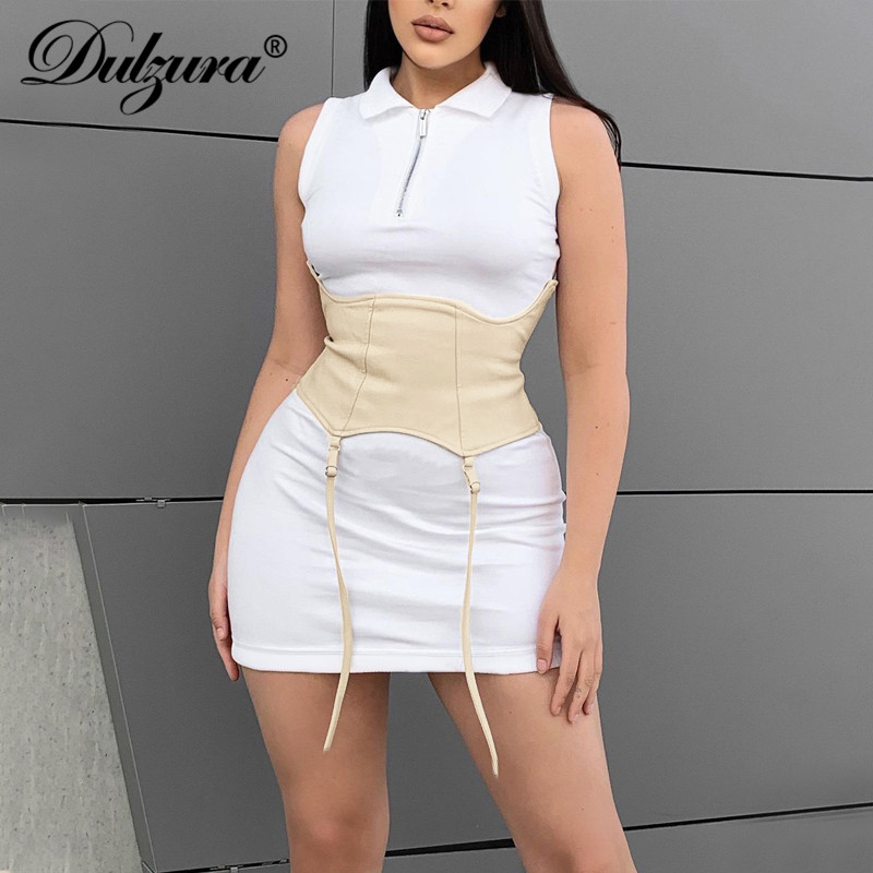 

2021 summer women turn down collar sleeveless mini dress with corset patchwork zipper bodycon streetwear casual, Black;gray