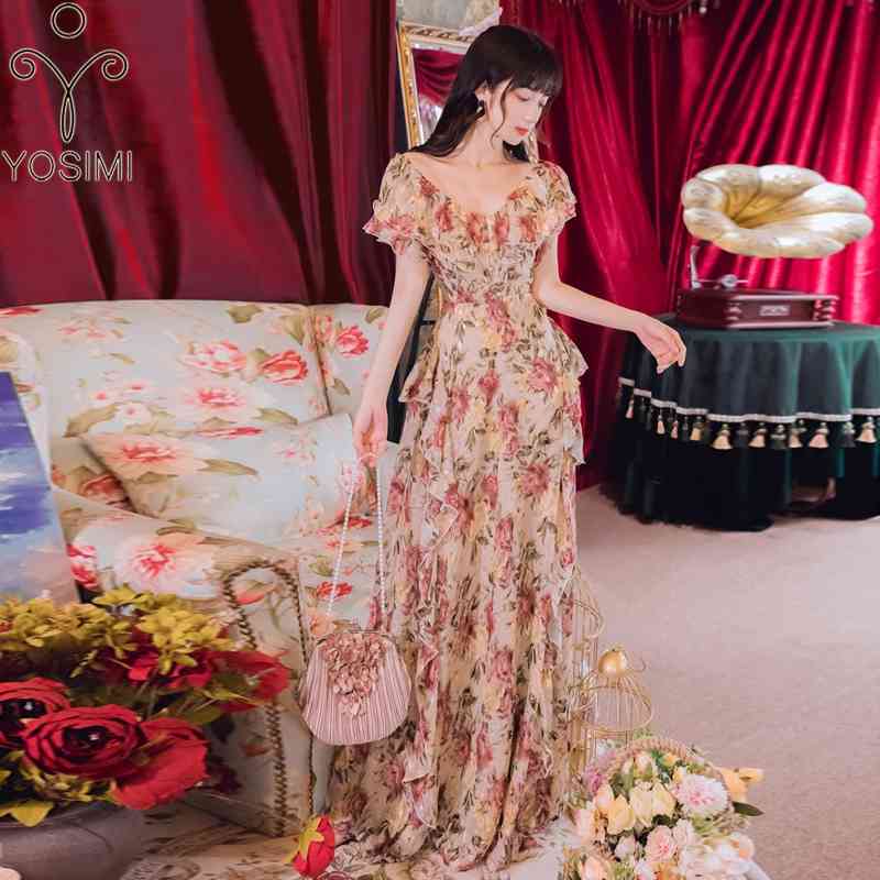 

YOSIMI Evening Party Long Women Dress Summer Maxi Elegant Pink Floral Print Chiffon Floor-Lenght V-Neck Short Sleeve 210604, Mixed color
