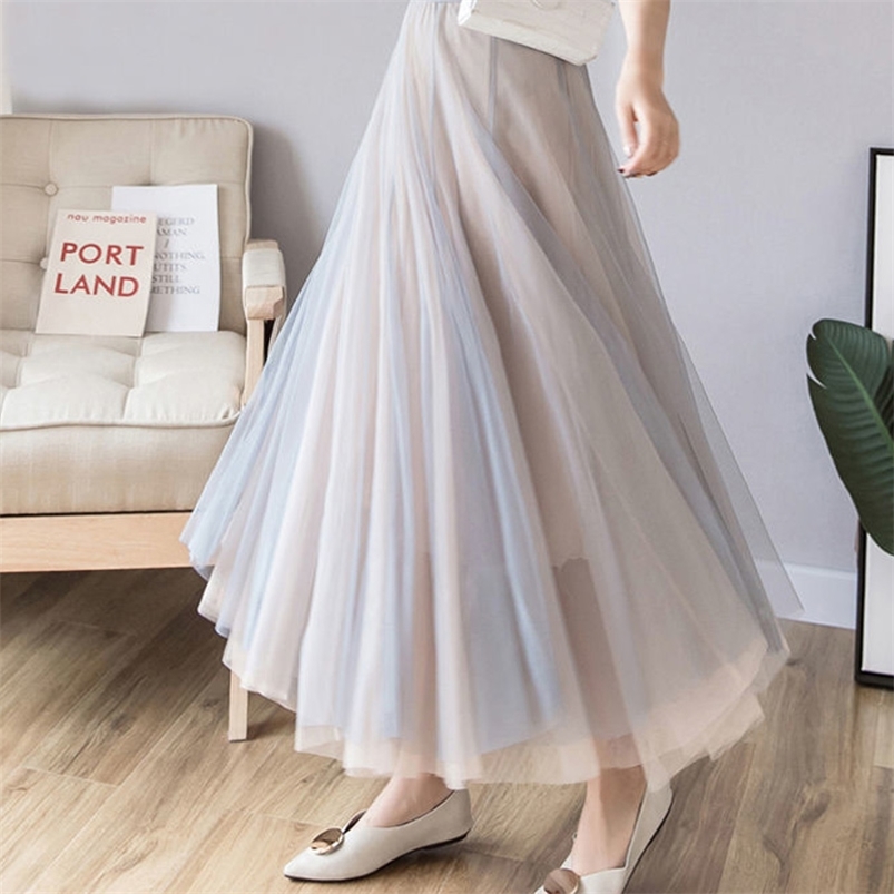 

Skirt Summer for Women 3 Layers Princess Tulle Skirts Mesh Pleated A-line Skirts Lady Long Tulle Skirt 210721, Gray pink