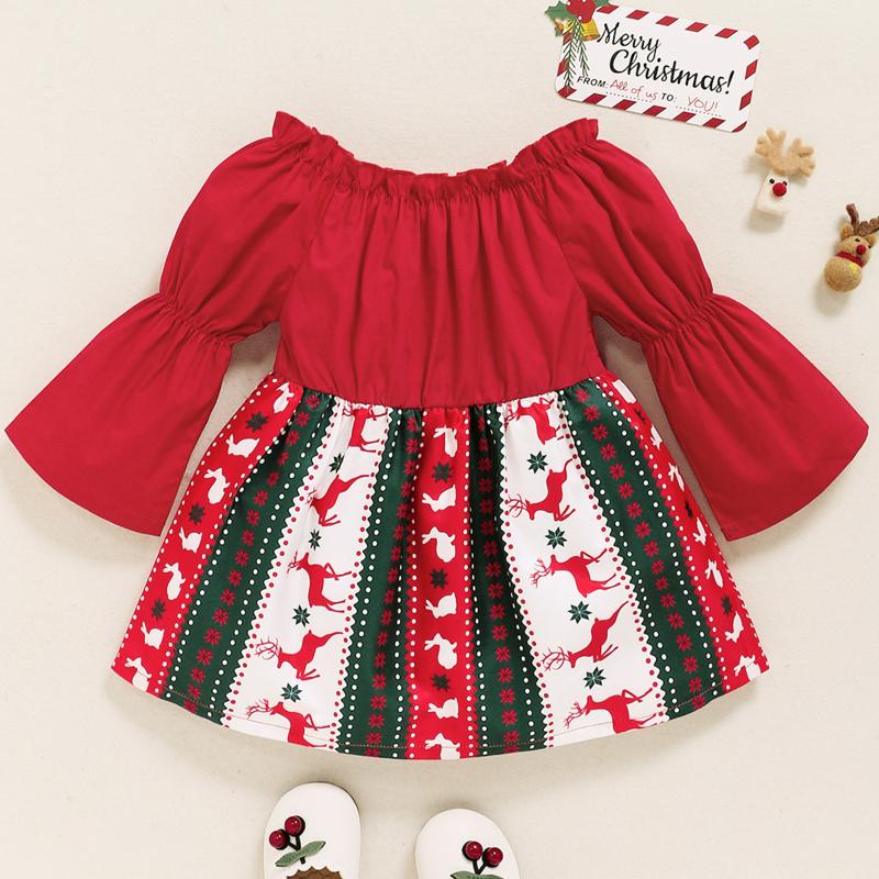 

Girl's Dresses Off Shoulder Christmas Dress Girl Auutmn Clothes Puff Sleeve Baby Cute Print Princess