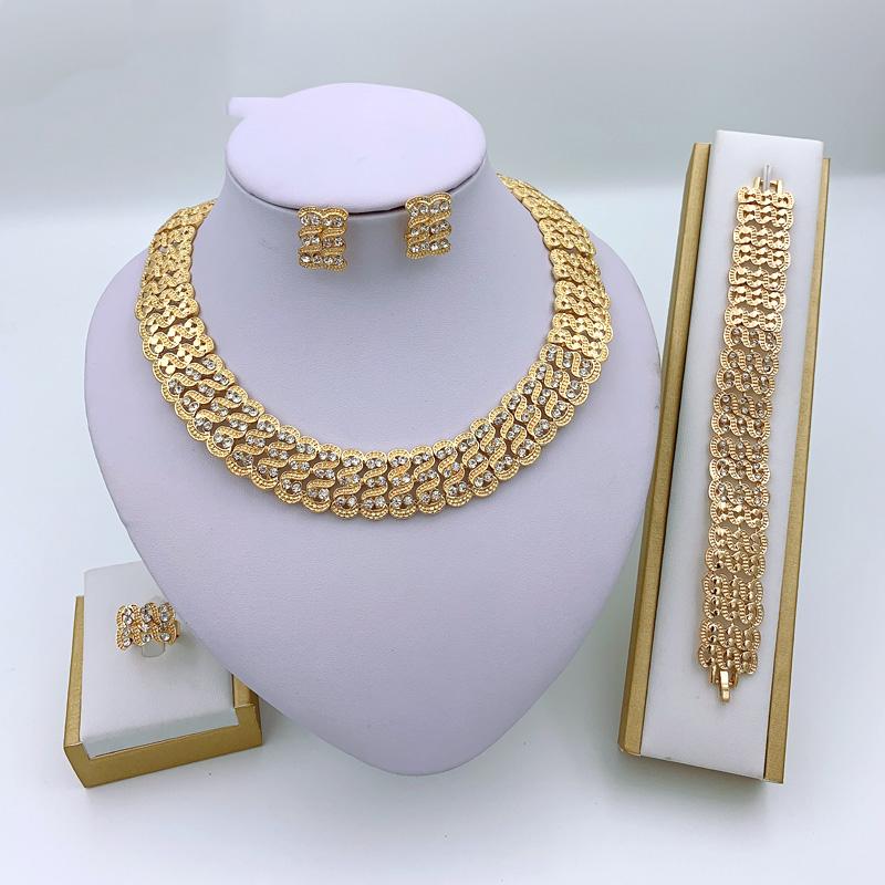 

Earrings & Necklace Fashion Dubai Women Jewelry Big Round Crystal Bracelet Ring Party Sets, As pic