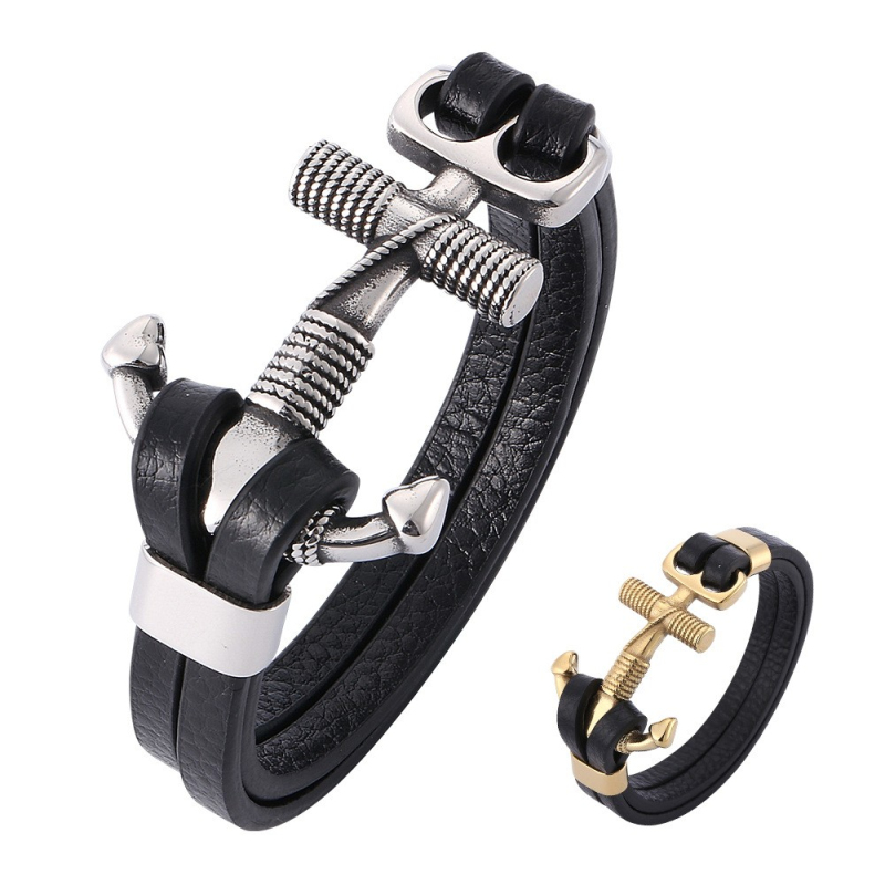 Viking Style Gold Silver Plated Anchor Charm Bracelet Double Layered Leather Bracelets Jewelry-image-755693002