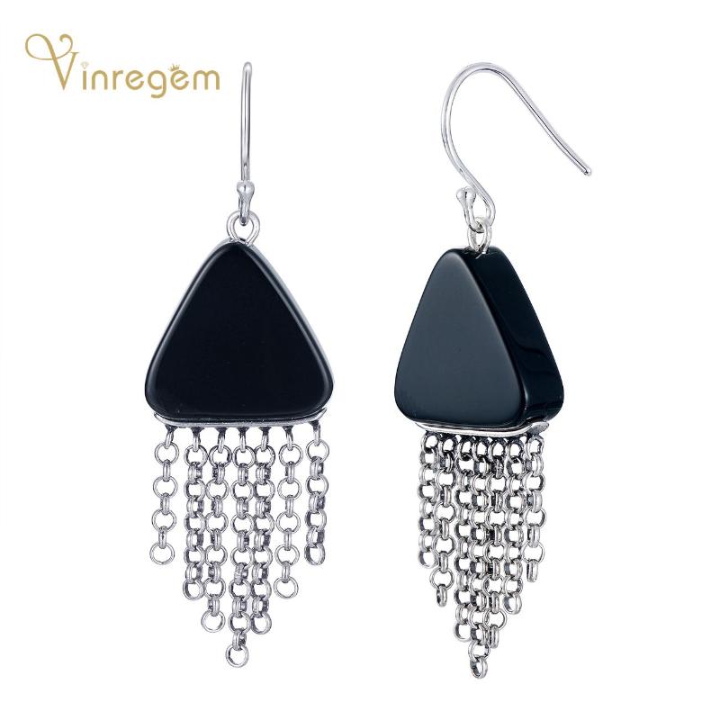 

Dangle & Chandelier Vinregem 100% 925 Sterling Silver Triangle Black Agate Gemstone Engagement Party Women Luxury Drop Earrings Fine Jewelry