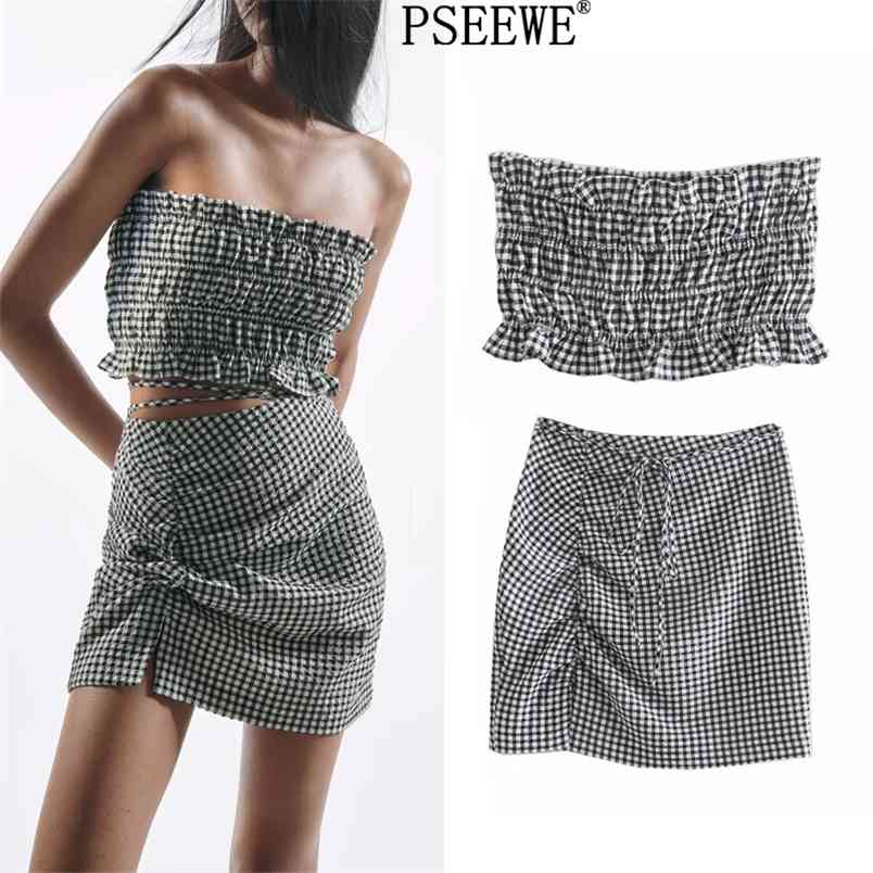 

2Pcs Women Sets Summer Skirts Suits Black Plaid Strapless Tube Top Woman High Waist Mini Female Sexy Outfit 210519