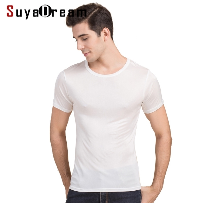 SuyaDream Mens T shirt 100%Natural Silk Solid O neck Short Sleeved Solid Beige Shirt White Navy Grey New Spring Summer Top 210324Z