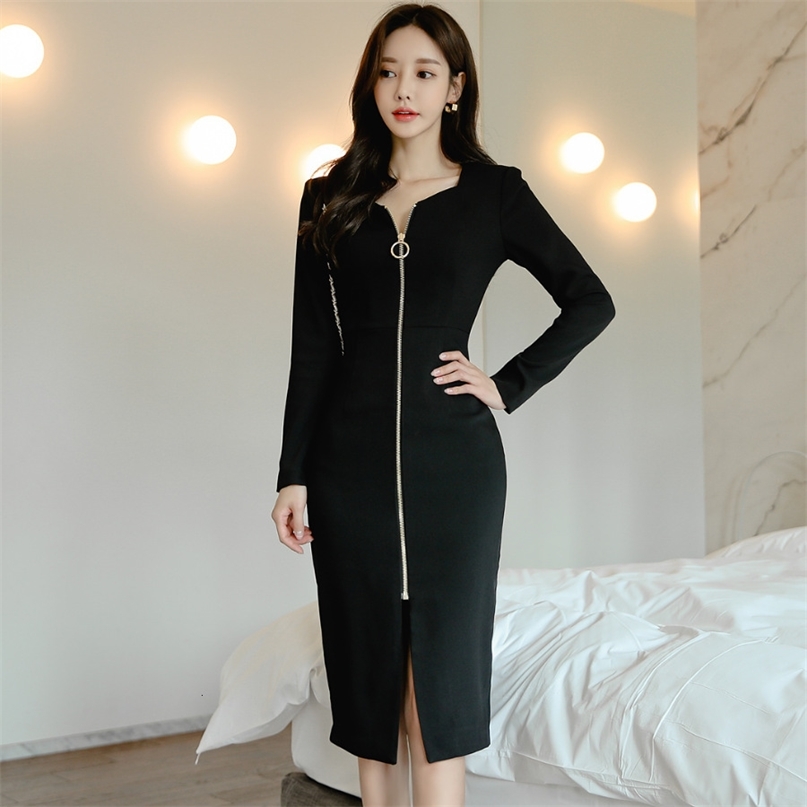

Autumn Winter Long Sleeve Front Zipper up Midi Bodycon Dress Women Black V Neck Slim Casual Office Work Pencil 210603