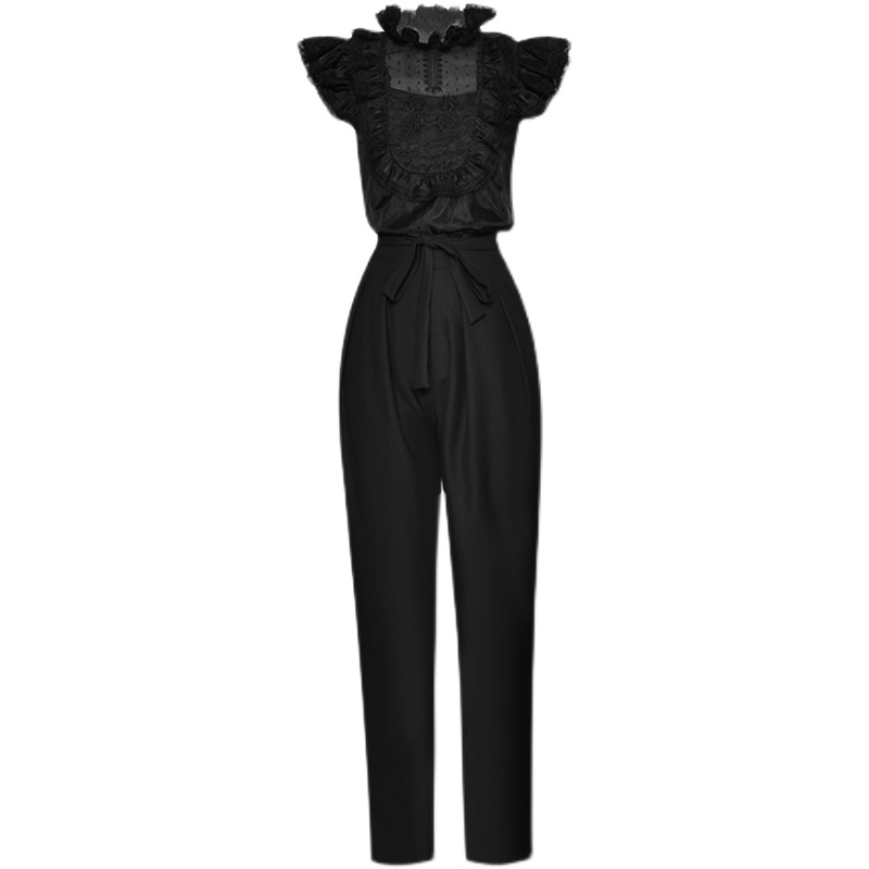 Women's Jumpsuits & Rompers Runway Exquisite Women Sets Summer Embroidered Patchwork Tops And Slim Casual Trousers High Quality Black Two-Pi-image-722775486
