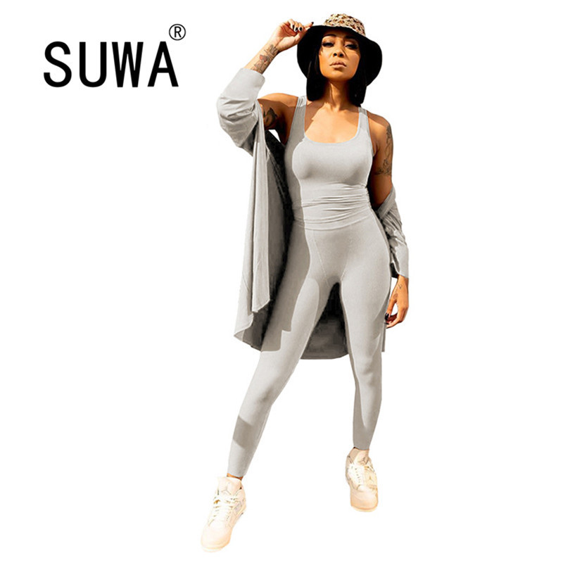 

Large Size 3 Piece Set Women Winter Long Sleeve Three   For Female Coat Pants Tops Women' Suits 3 210525, Brown