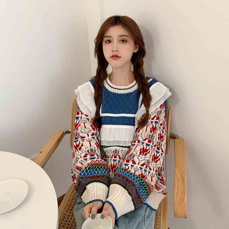 

WERUERUYU Christmas Sweater Retro Hong Kong flavor Sweaters Winter Clothes Loose Coat Korean Style Tops 210608, Photo color