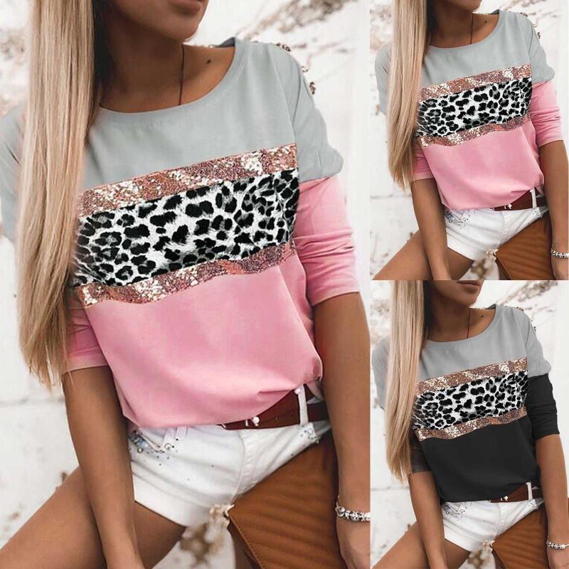 

Summer T Shirts Women Leopard Printed Fashion Casual Sequins O-Neck Tops Long Sleeve T-shirt Ropa De Mujer 2021 Women's, White