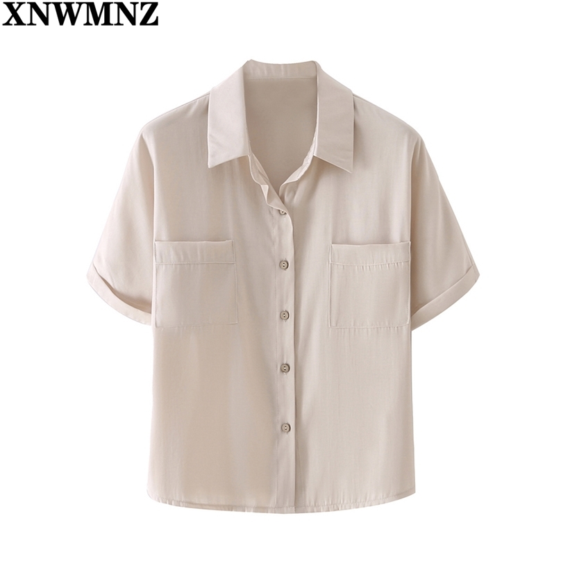

Summer Casual Short Sleeve Blouse Women Turn-down Collar Straight Shirt Female Fashion Office ladies pocket Tops 210520, Picture color