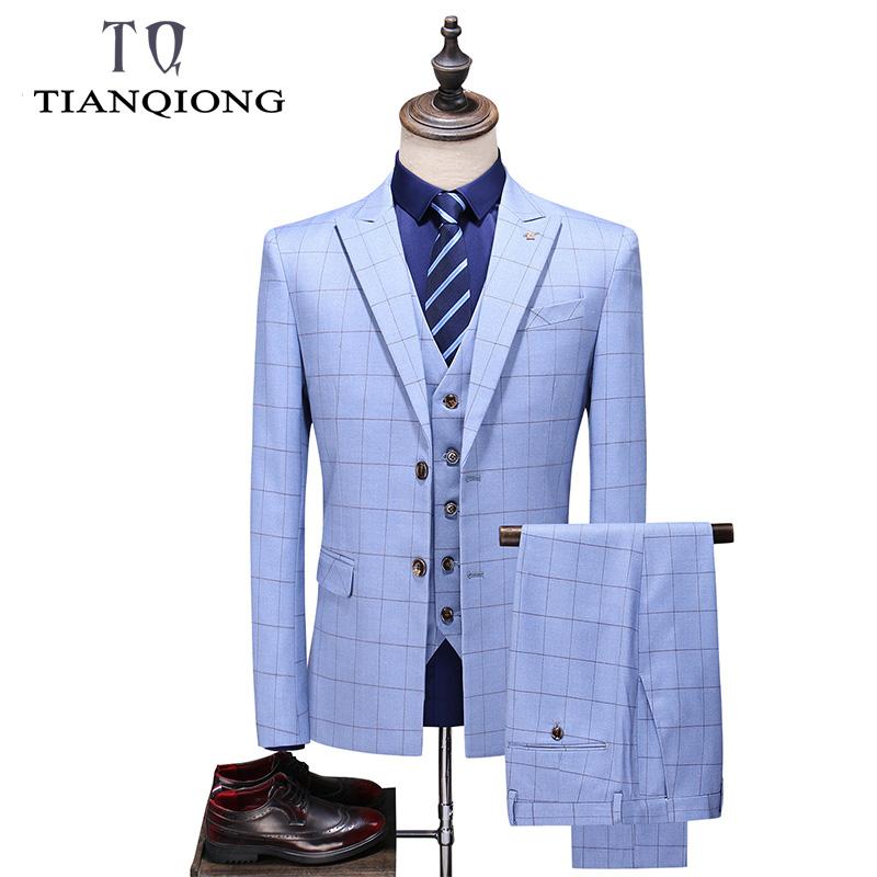 

Men' Suits & Blazers TIAN QIONG Elegant 3 Piece Men Plaid Blue Check Suit Design For High Quality Mens Wedding With Pants, 106-1