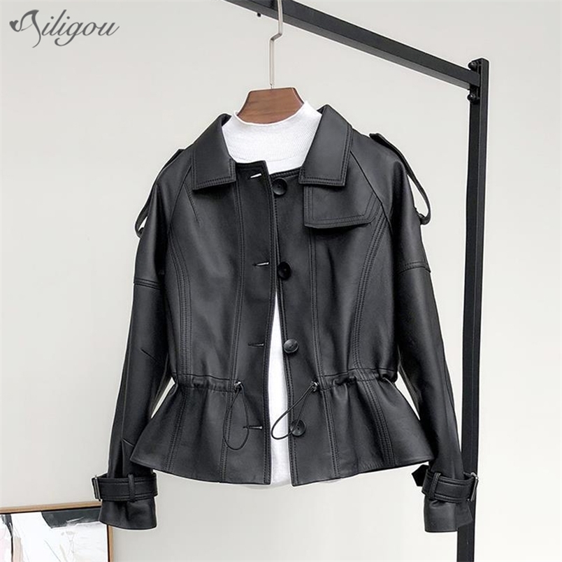 

Pu Jacket Women'S Trendy Clothing Summer Fashion Casual Short Lapel Button Long Sleeve Ladies Coat Oversized 210525, Black