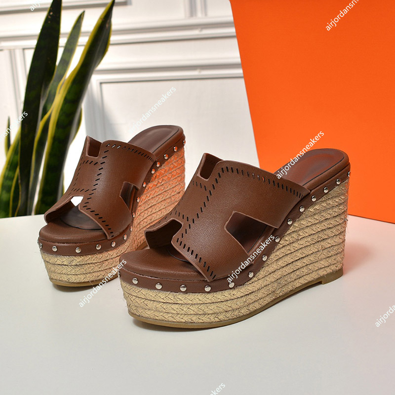 

Classic high-end brand summer ladies straw wedges sandals quality leather flat women's slippers casual shoes size 34-40, Black