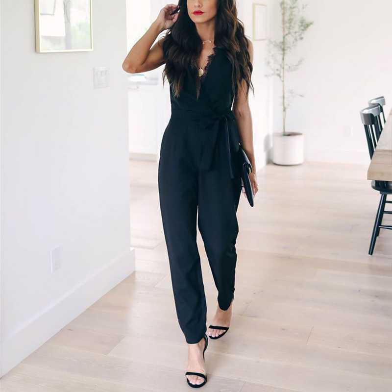 

Women's Jumpsuits & Rompers Fashion Lace Women Jumpsuit With Belt Sleeveless 2021 Summer Casual V-neck Solid Black Female Pants, Black;white