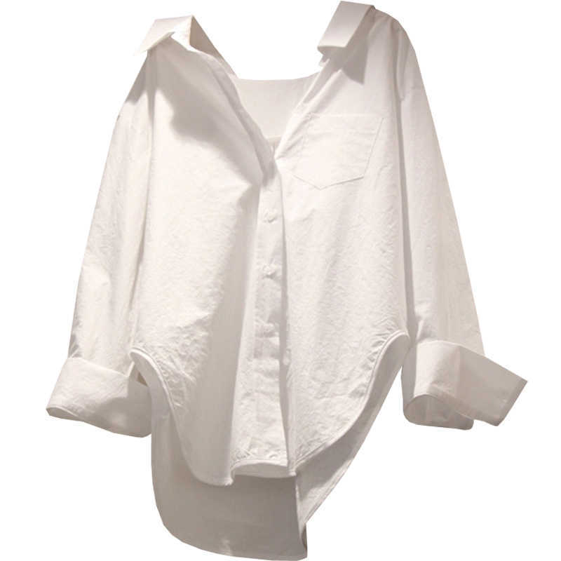 

Spring Autumn Women Shirts White Plain Loose Oversized Blouses Female Tops BF Korean Style Blusas Pockets 210601