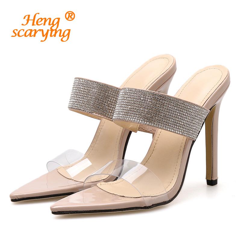 

Slippers 2021 Summer Women Fashion 12cm High Heels Slides Female Sexy Crystal Mule Lady Casual Glitter PVC Sandals Shoes YMN-68, Silver