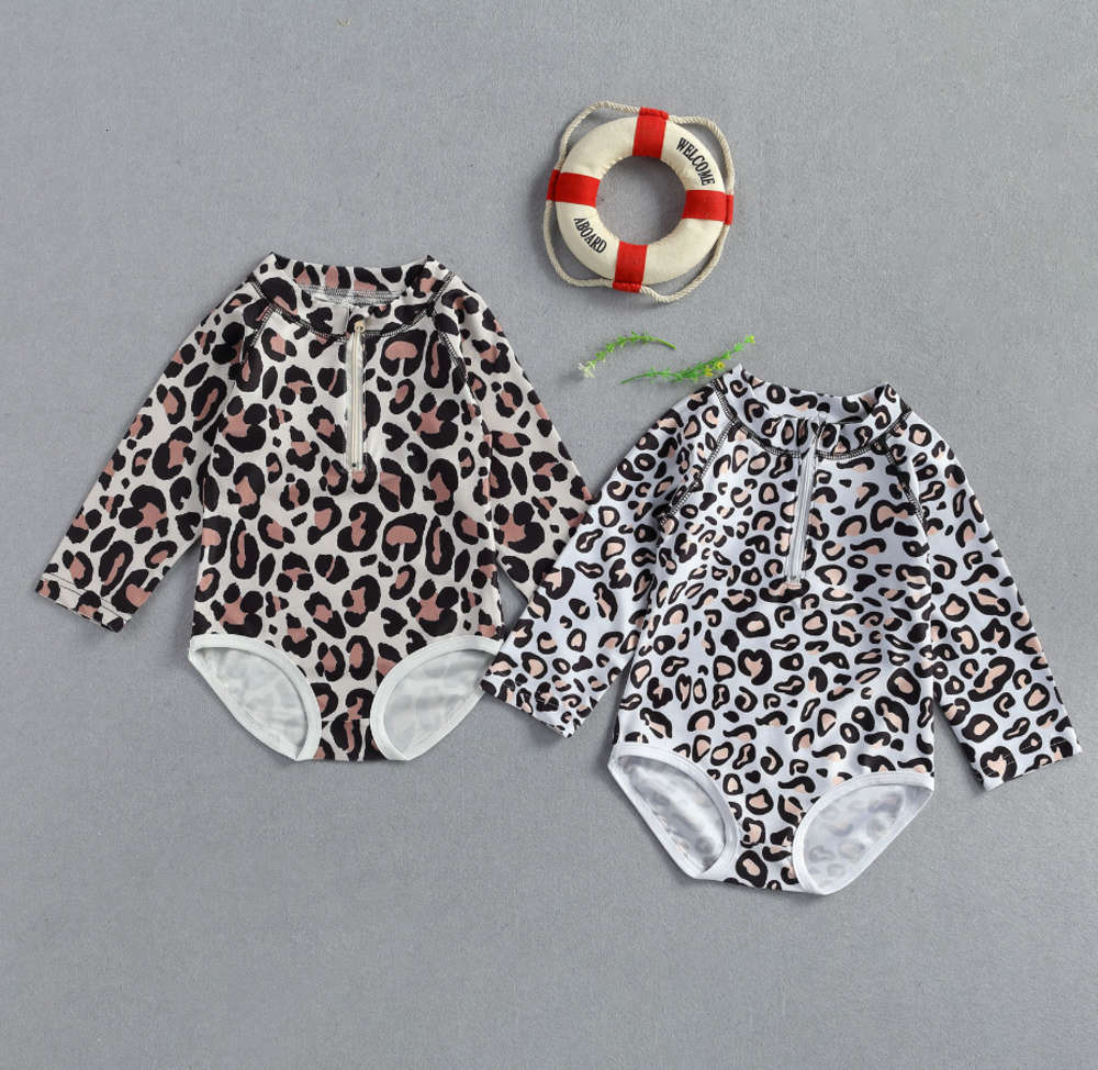 

Children's suit Girls' summer leopard pattern long sleeve zipper children's one piece swimsuit diving suit, Black