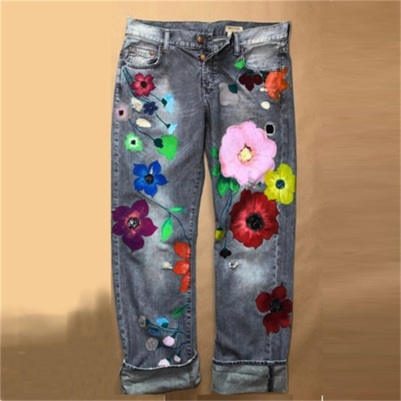 

Cute Flower PrintedJeans Women Loose Jeans Style Direct Jean Fashion Ladies Printed Thin Denim Spring And Summer Breathe 210708, Khaki