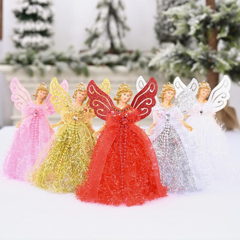 

Christmas Decorations Wing Angel Doll Hanging Xmas Tree Pendants Silver Gold Pink Red White Lovely Wings Elf Fairy Toppers Toy Decor