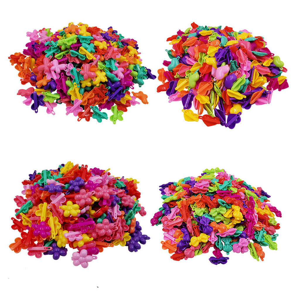 

100PCS Sweet Colorful Heart Plastic side pins Kids girls butterfly bow clips accessories Frog bows hair barrettes