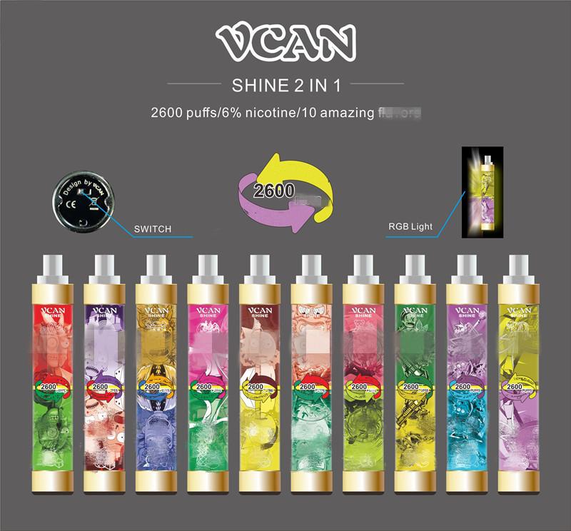 

original Top quality cigarette VCAN Shine 2600 puffs1300mAh Double Honor light 2 in 1 with 10 colors disposable vape pen VS bang XXL