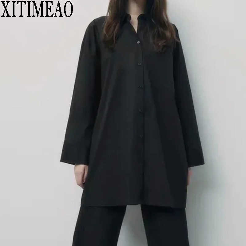

ZA Women Autumn Oversize Black Shirts Long Sleeve Turn-down Collar Button Loose Temperament Elegant Blouse Chic Shirt 210604