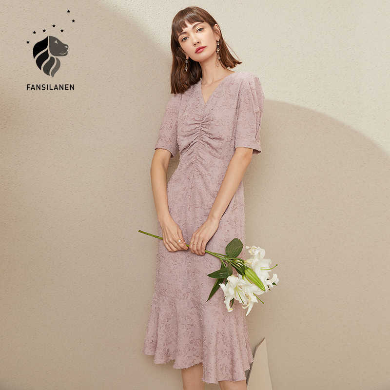 

FANSILANEN Elegant pink long chiffon bodycon dress Women short sleeve draped floral summer Female v neck sexy party 210607