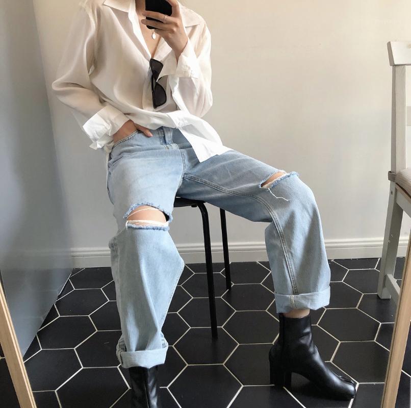 

Summer All-Match Retro Light Color High Waist Broken Hole Jeans Female Straight Tube Wash Water Father Trousers Women's, Blue