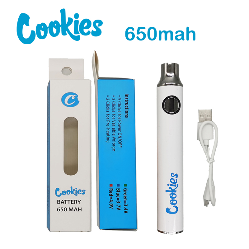 

Cookies Batteries Preheating 650mAh 510 Thread Vapes Pens Adjustable Voltage Battery for Vape Cartridges With Charging USB Cable Packaging boxes E Cigarettes