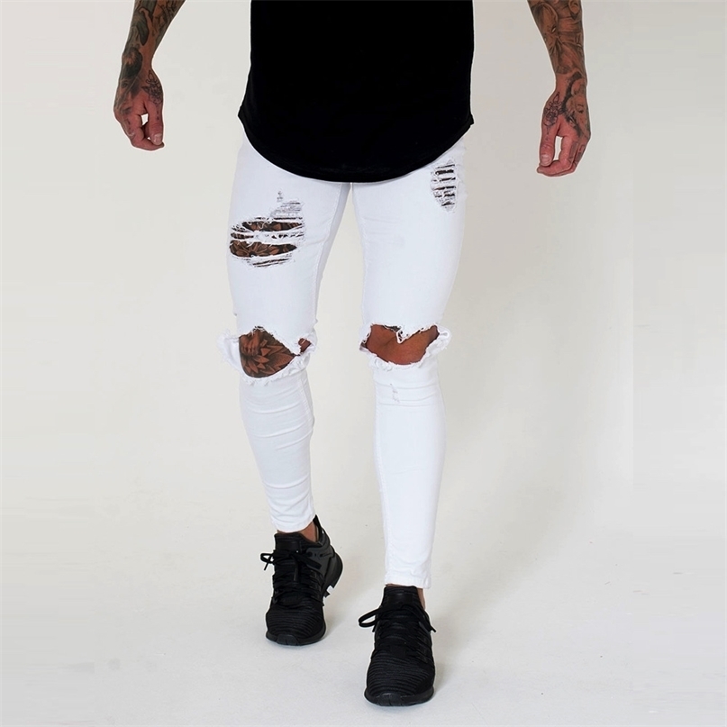 

Wihte Men Knee Ripped Holes Skinny Destroyed Jeans Fashion Slim Fit Hip hop Mens Streetwear Cotton High quality Joggers 211108, B1873 light blue