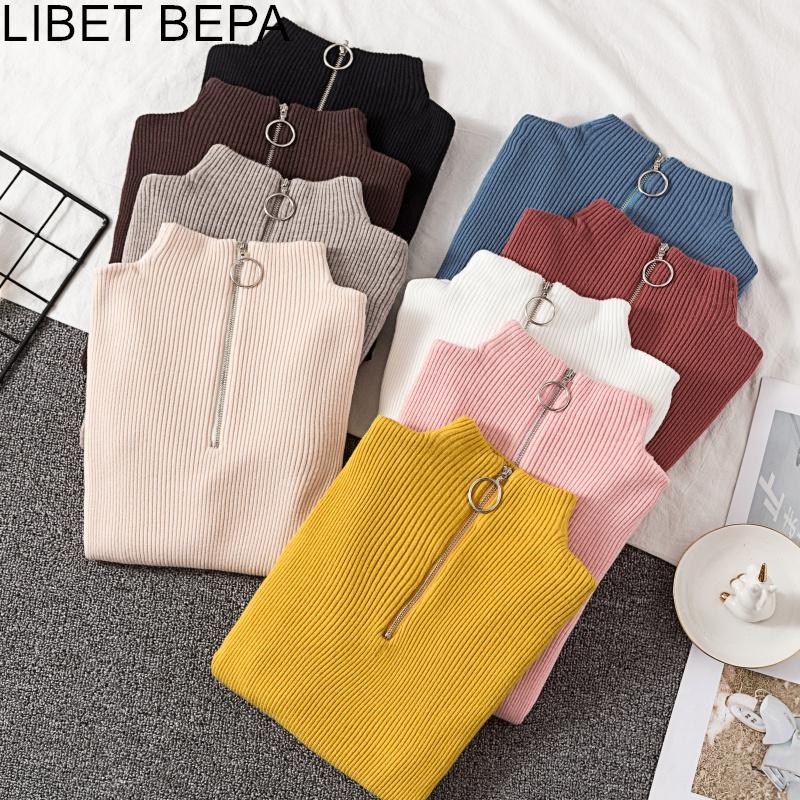 

Women's Sweaters 2021 Autumn Winter Bottoming Jumpers Zipper Casual Fashionable Skinny Knitted Female Pullover Tops SW8820, Yellow
