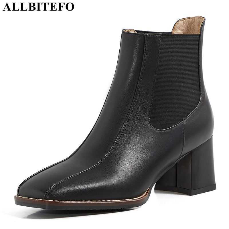 

ALLBITEFO thick heels genuine leather square toe brand high heels casual women boots women high heel shoes autumn ankle boots 210611, As picture