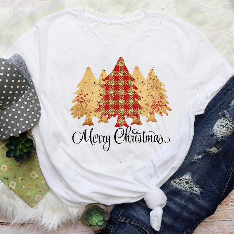 

merry women t shirt christmas tree graphic printed casual ladies fashion year cartoon holiday tshirt short sleeve clothes, White