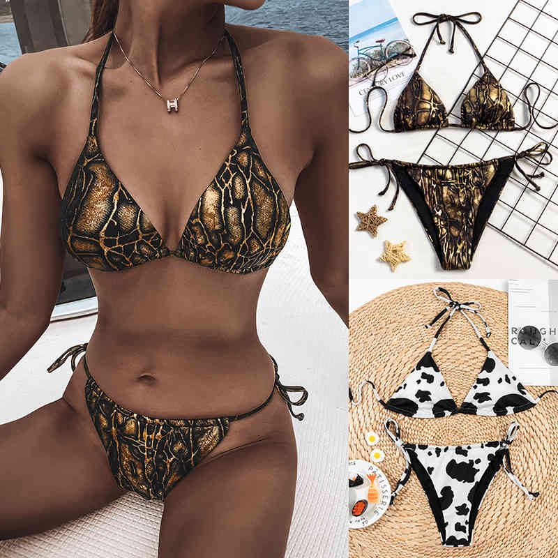 

2021 leopard print lace up three-point bikini split cow swimsuit female, White;black