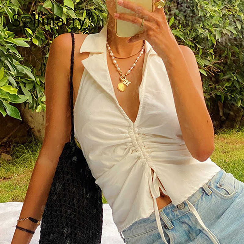 

Sollinarry Fashion pleated drawstring tank top summer Sexy v-neck solid ladies tank black white High street slim women's tops 210709