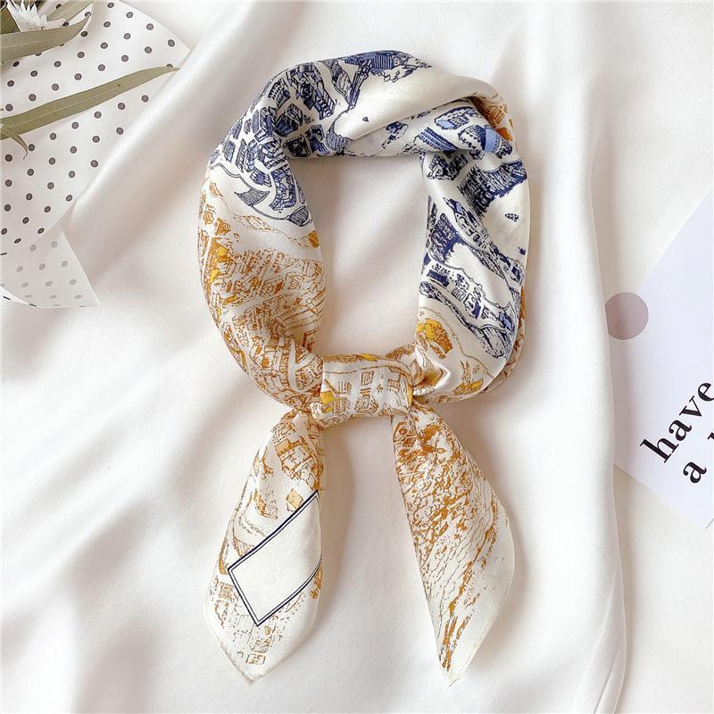 

Scarves 2021 Lady Scarf Small Neck Hairband Fashion Natural Silk Square Women Bandana Design Print Kerchief Spring, Blue;gray
